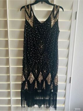 Never worn Pretty Guide Black and Gold Sequin Fringe flapper dress